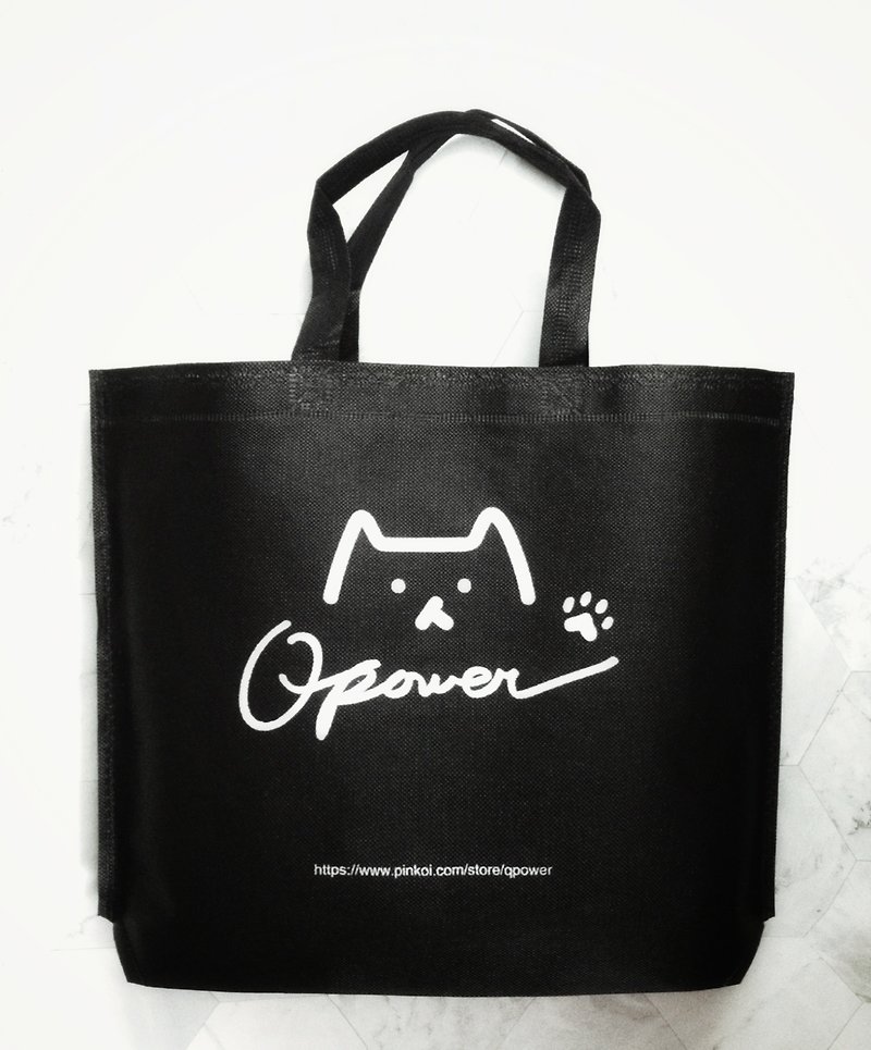 Qpower聯名-植花刺青Plantingtattoo/淡定貓環保提袋/禮品袋 - 手提包/手提袋 - 其他材質 黑色