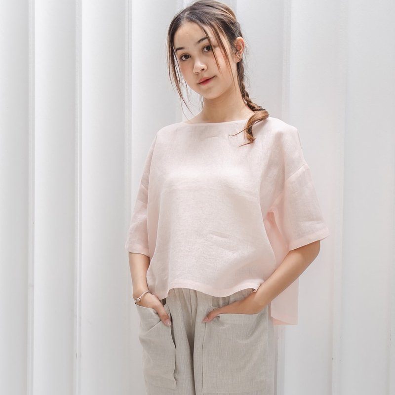 Natural Linen Three Quarter Sleeve Blouse Minimal Linen Top - Light Pink - Women's Tops - Linen Pink