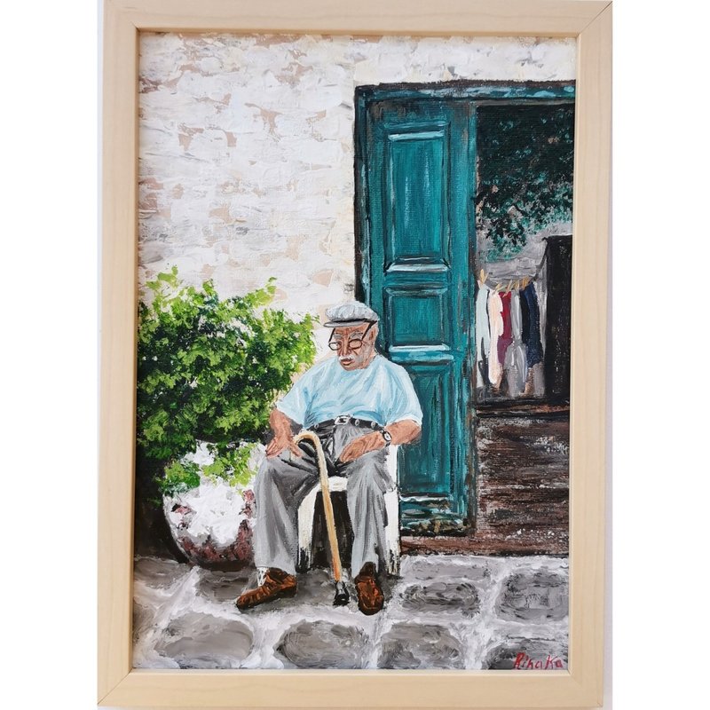 Old Man Figurative Painting Original Framed Wall Art By RinaArtSK - Wall Décor - Other Materials Multicolor