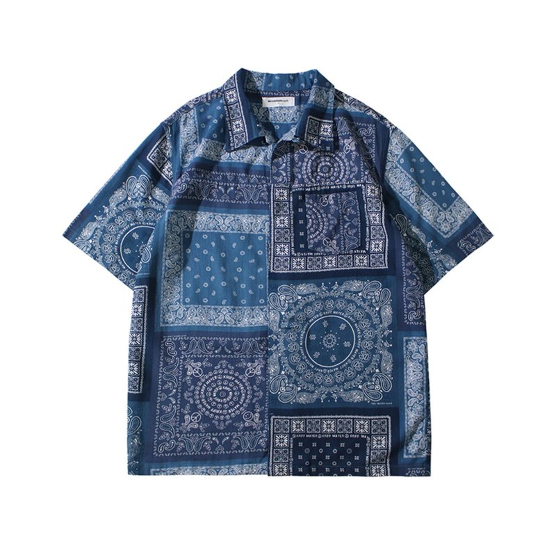 Paisley handmade collage T-shirt Hawaiian cashew nut flower short-sleeved shirt for gender-neutral wear - Men's Shirts - Other Materials Blue