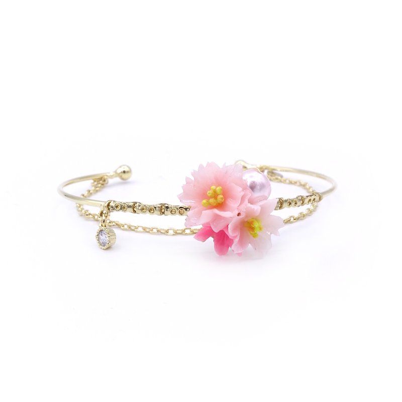 Clay Bracelets Pink - Pamycarie Noon-Sakura Crystal Floral Gold-plated Bangle - Pink