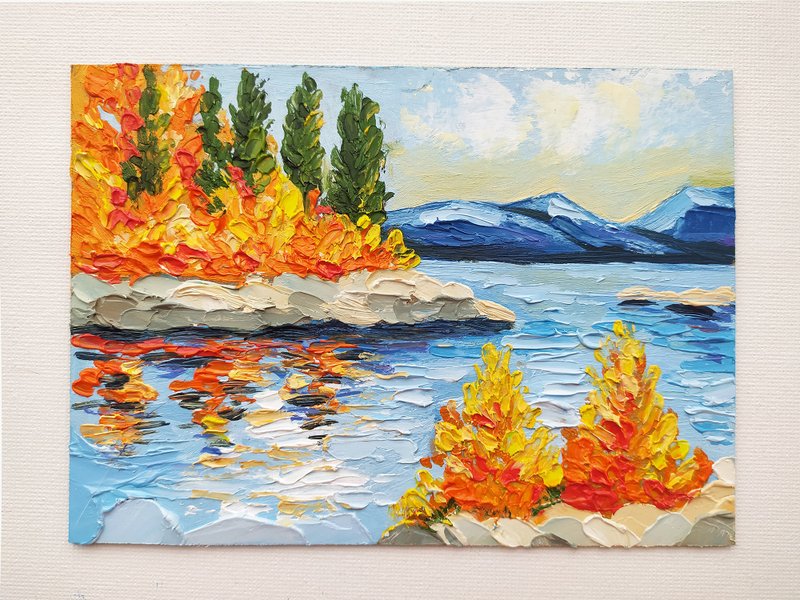 Landscape Autumn oil painting cardboard impasto original work mountain trees - 壁貼/牆壁裝飾 - 其他材質 橘色