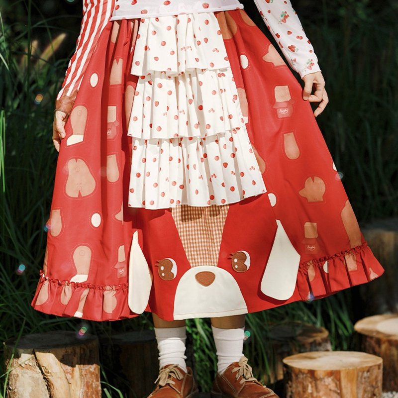 Meugler Niu Chou Island Niu Chou Dental Cute Puppy Doll Three-dimensional Splicing Lolita Cake Skirt - กระโปรง - เส้นใยสังเคราะห์ สีแดง