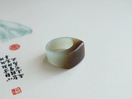 Sri Yantra 加寬版天然和田玉指環戒指糖白料戒指純手工雕刻料子細膩內徑18mm