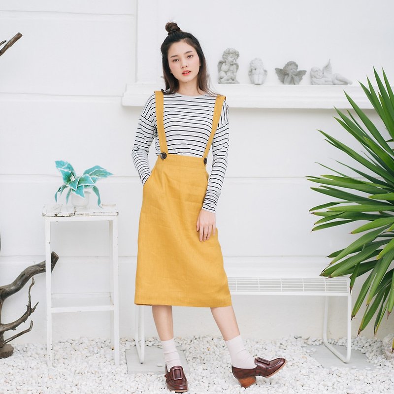 【Off-season sale】Overall Skirt - Yellow Mustard - 工人褲/吊帶褲 - 亞麻 黃色