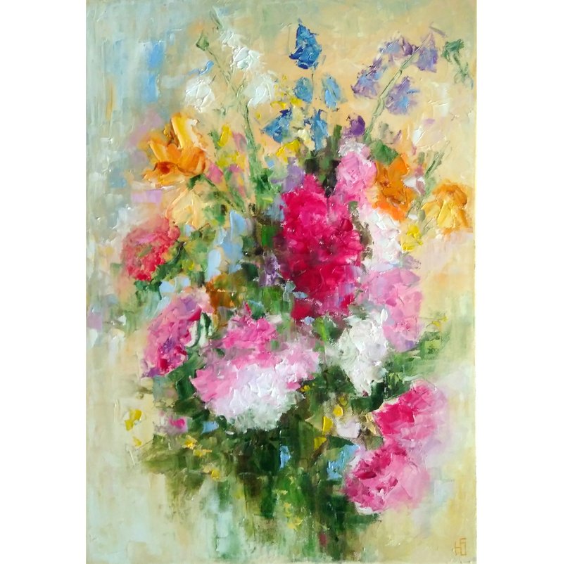 Floral Bouquet Original Painting, Field Flower Artwork, Canvas Impasto Wall Art - 海報/掛畫/掛布 - 其他材質 多色