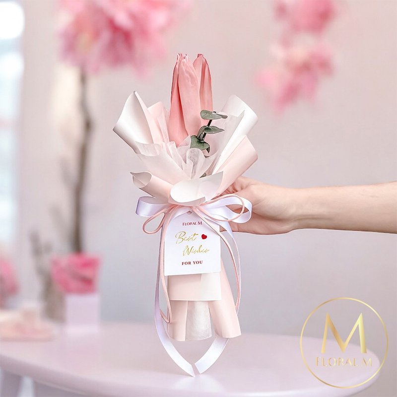 French peach pink tulip fragrance diffuser bouquet (5ml fragrance oil and carrying bag included) - ช่อดอกไม้แห้ง - พืช/ดอกไม้ สึชมพู