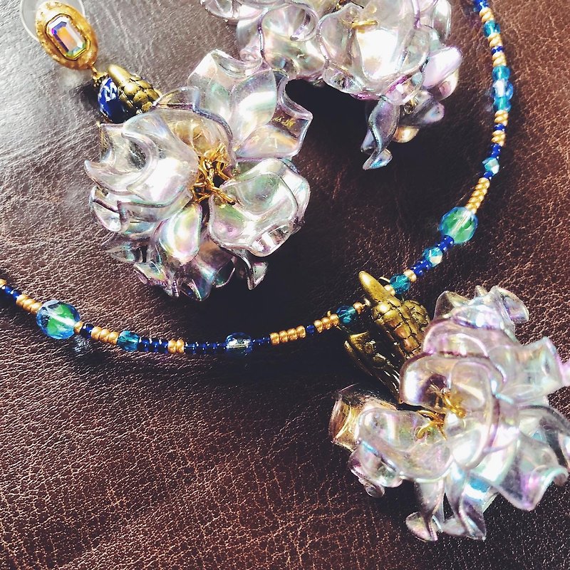 Dragon Scale Necklace Earrings Earrings Binaural Set - Earrings & Clip-ons - Copper & Brass Blue