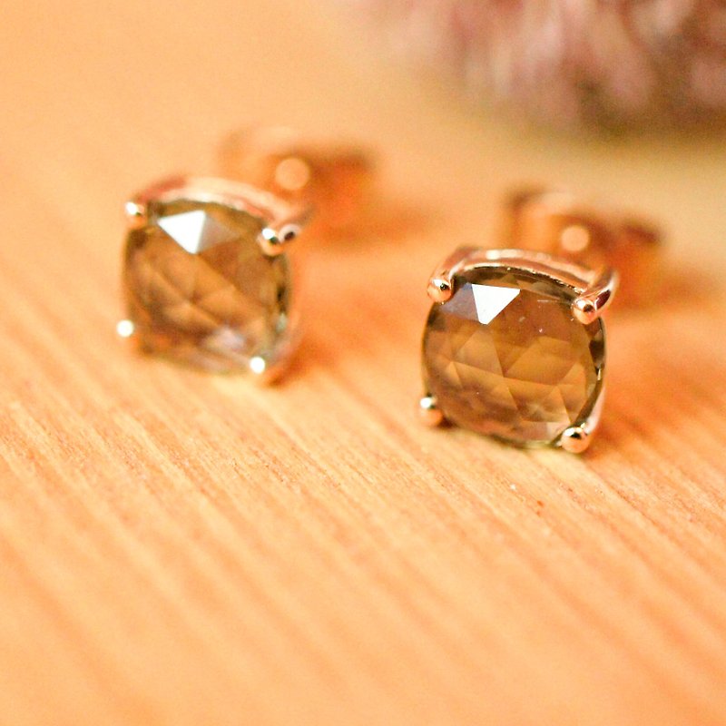 ELEVATION - 6mm Cushion Rose Cut Faceted Smokey Quartz 18K Rose Gold Plated Silver Earring Stud - Earrings & Clip-ons - Gemstone Brown