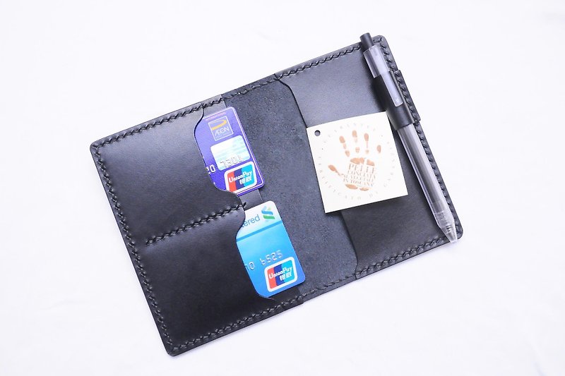 Double card slot pen passport holder good sewing leather DIY material bag free engraving passport cover travel - เครื่องหนัง - หนังแท้ สีดำ