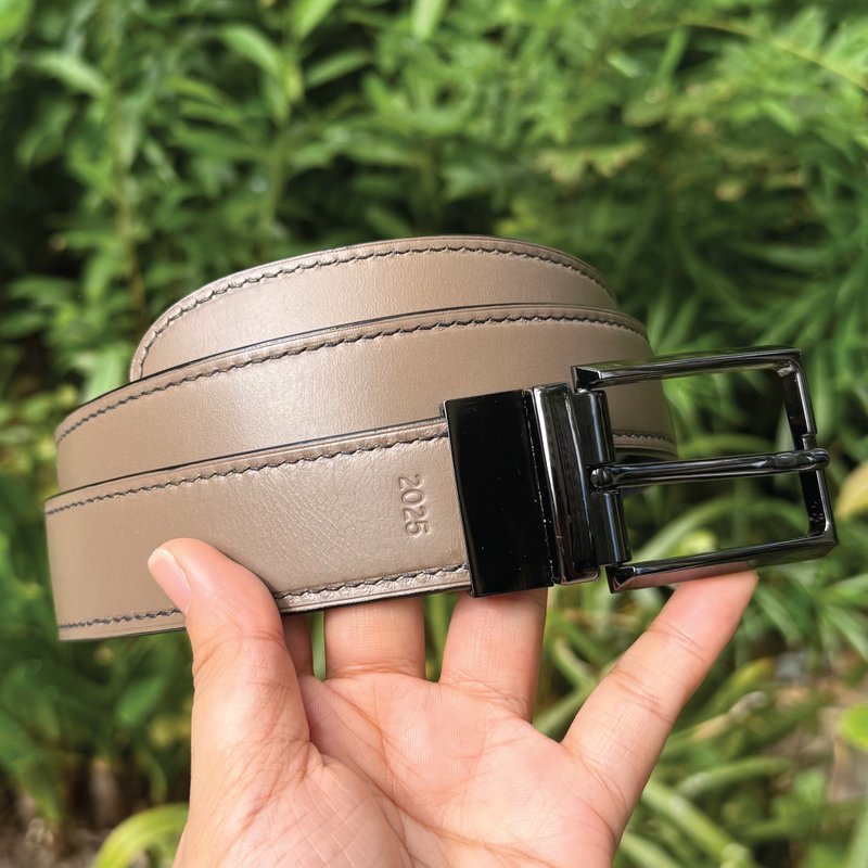 【雙面皮帶】卡其灰色植鞣牛皮/皮帶扣可旋轉/休閒/商務 - 皮帶/腰帶 - 真皮 灰色