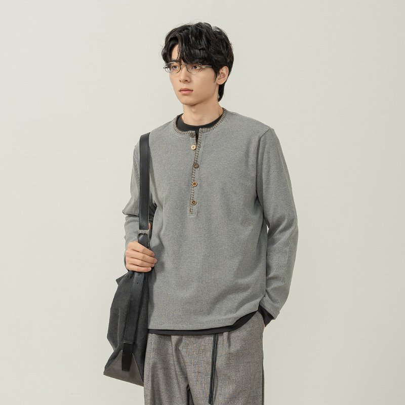[Petal] Urban Retro / Colorful Button Henley Neck Long Sleeve Base Layer / Crewneck Sweatshirt - เสื้อยืดผู้ชาย - วัสดุอื่นๆ หลากหลายสี