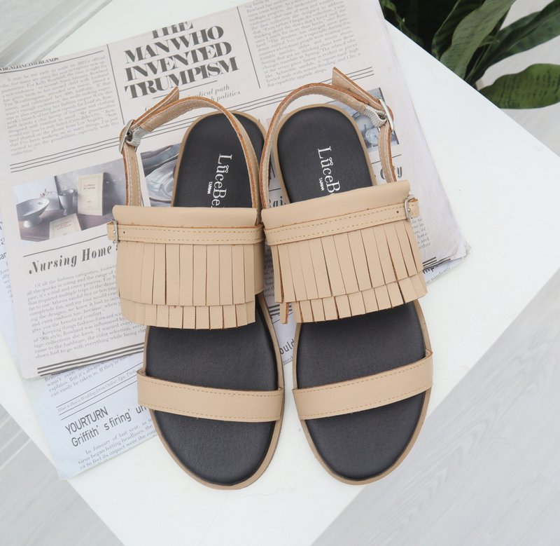 【her eyelashes】Leather Sandals - Milk tea color - รองเท้ารัดส้น - หนังแท้ สีกากี