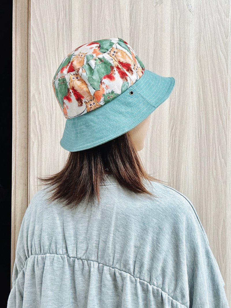漁夫帽 大頭圍 遮陽帽 手工帽子 拼接 戶外 貓 小牛村 - 帽子 - 棉．麻 綠色