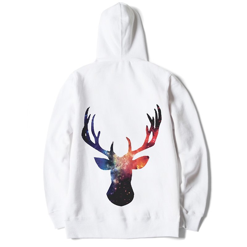 Cosmic Stag long-sleeved bristles hooded T white deer universe exchange gifts Christmas design homemade brand Milky Way trendy round triangle - Unisex Hoodies & T-Shirts - Cotton & Hemp White