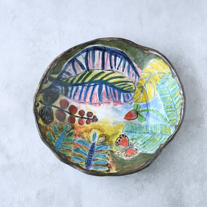 リーフ模様と蝶のbowl - 碗 - 陶 多色
