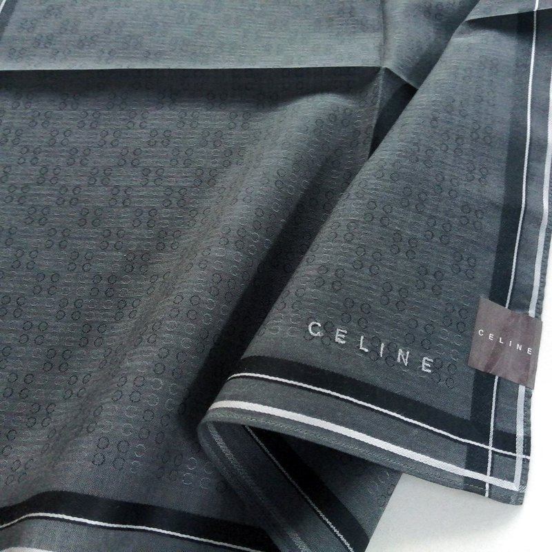 Celine Vintage Handkerchief Woven Fabric Gray 19.5 x 19 inches, vintage scarf - 絲巾 - 棉．麻 灰色