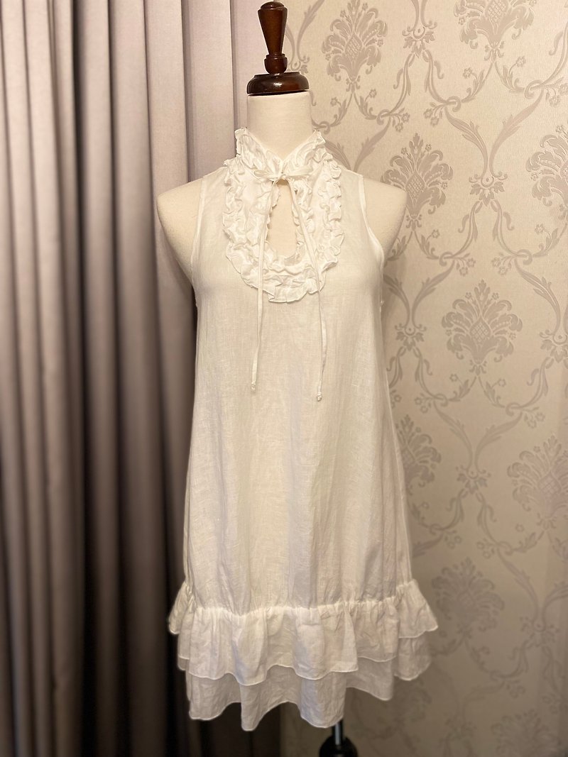 Cake dress sleeveless linen vintage dress Made in Italy - ชุดเดรส - ผ้าฝ้าย/ผ้าลินิน ขาว