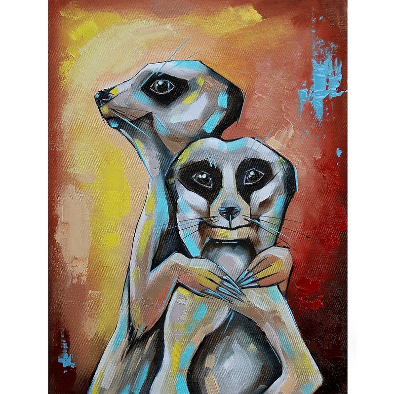 Meerkats Painting Animal Original Art African Artwork Home Decor - Posters - Other Materials Red
