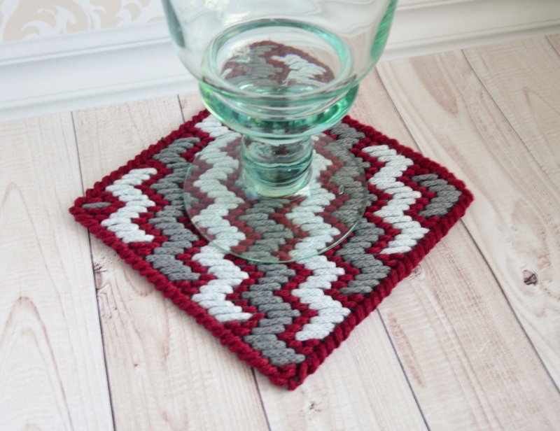 Embroidered coaster, Cotton red gray mug rug, Kitchen home decor - ที่รองแก้ว - งานปัก สีแดง