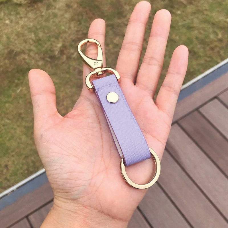 【鑰匙/鎖匙掛飾】粉紫色十字紋牛皮/簡約風格/免費客製化壓字 - 鑰匙圈/鑰匙包 - 真皮 紫色