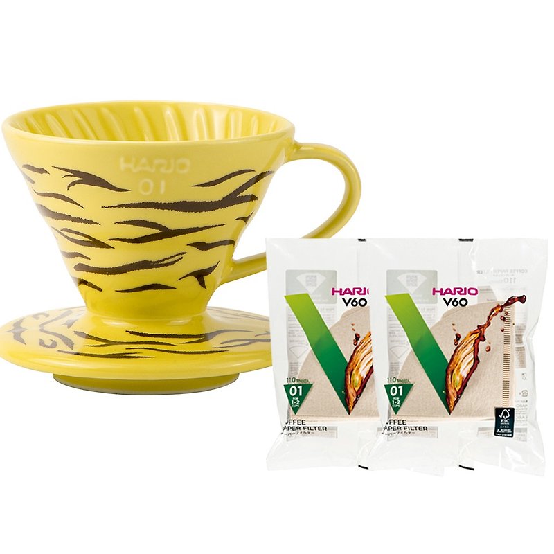 HARIO V60虎紋濾杯-黃 附濾紙2包/VDC-01-YEL-EX - 咖啡壺/咖啡器具 - 陶 黃色