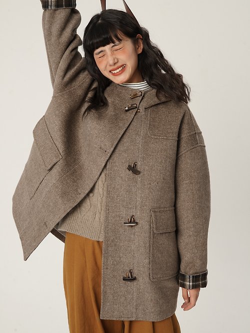 oddmaker hooded horn buckle wool coat Japanese retro coffee color  long-sleeved mid-length coat