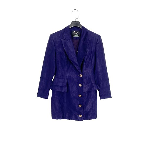 蘿綺莉蕾芭索 藍紫色 類絨面 側排扣 洋裝式 窄版 合身 輕薄 西裝 外套 OPME11
