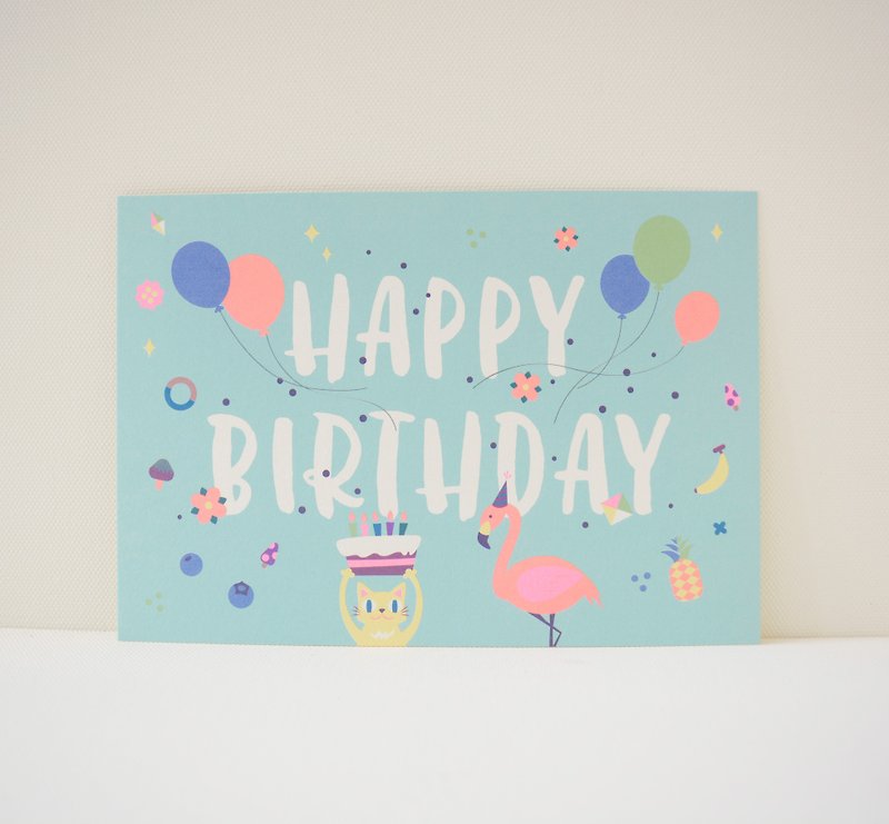 版印明信片：生日卡-生日快樂-貓咪、紅鶴與蛋糕 - 卡片/明信片 - 紙 藍色