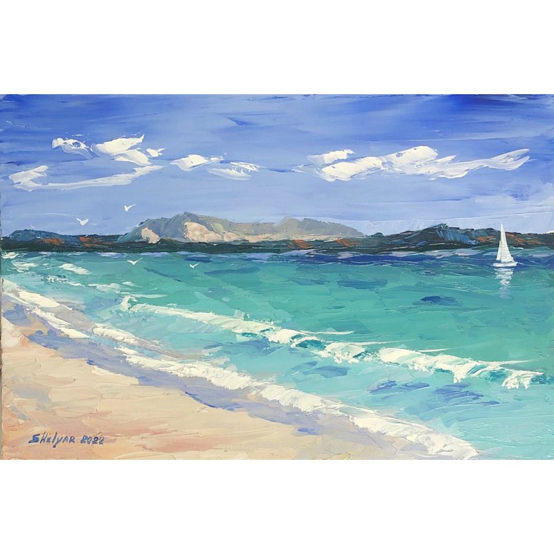 Seascape Azure Beach Yacht Original Oil Painting Handmade - 海報/掛畫/掛布 - 其他材質 多色