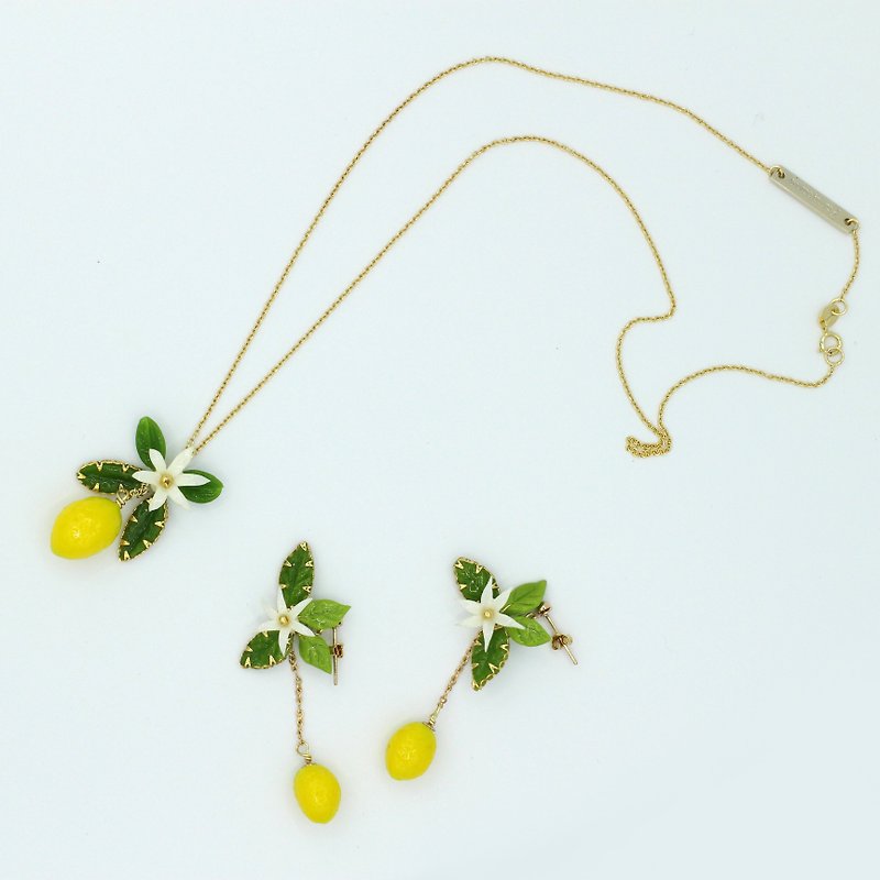 Pamycarie summer twig clay lemon plant earrings necklace set - ต่างหู - ดินเหนียว สีเหลือง