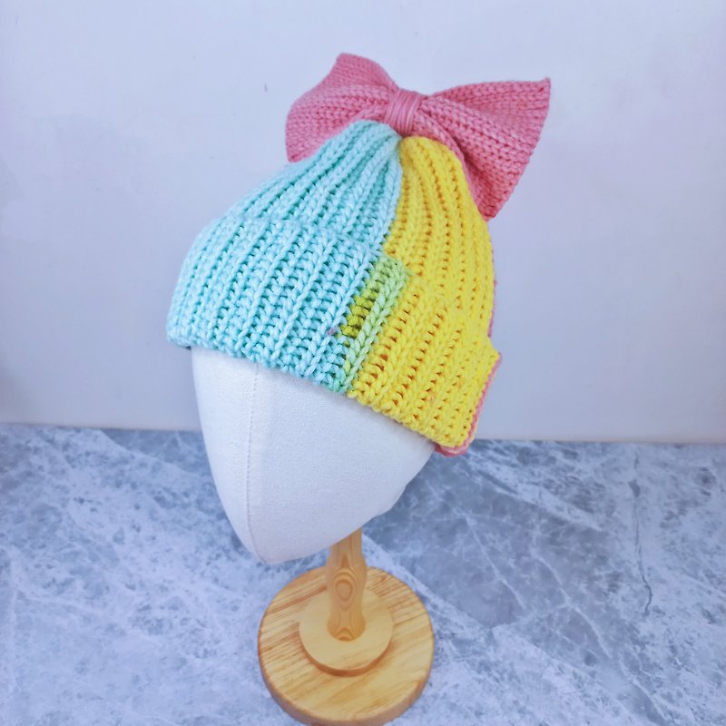 Limited edition large colorful bow section dyed wool reverse folded woolen hat hand knitted woolen hat - หมวก - ผ้าฝ้าย/ผ้าลินิน หลากหลายสี