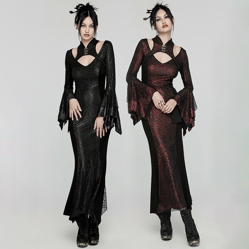 Gothic Witch of the East Chinese Stand Collar Dress-Red/Black - ชุดราตรี - วัสดุอื่นๆ สีแดง