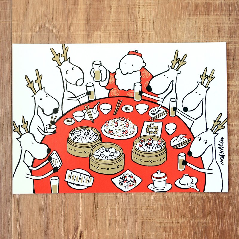 聖誕卡-新款2018聖誕老人與麋鹿日常明信片8號: 聖誕大餐 - 心意卡/卡片 - 紙 紅色