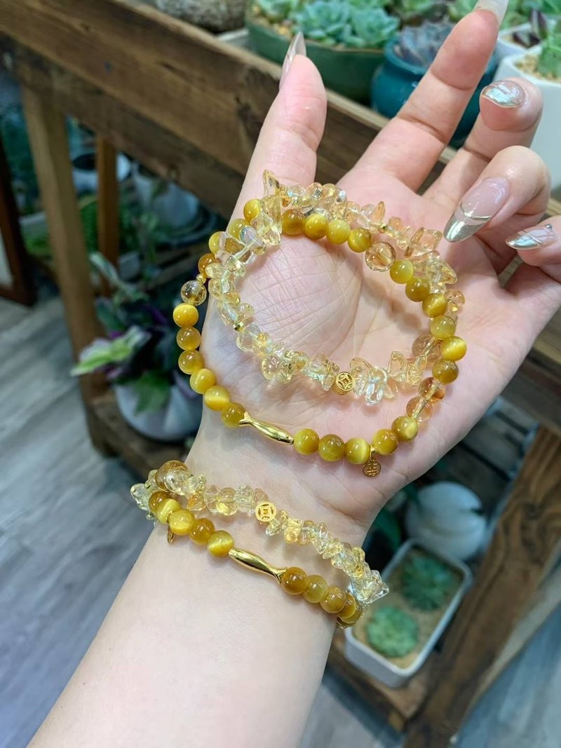 碎金金小黃魚富貴大小姐招財必備天然黃水晶黃阿塞黃虎眼雙圈手鏈 - 手鍊/手環 - 玉石 
