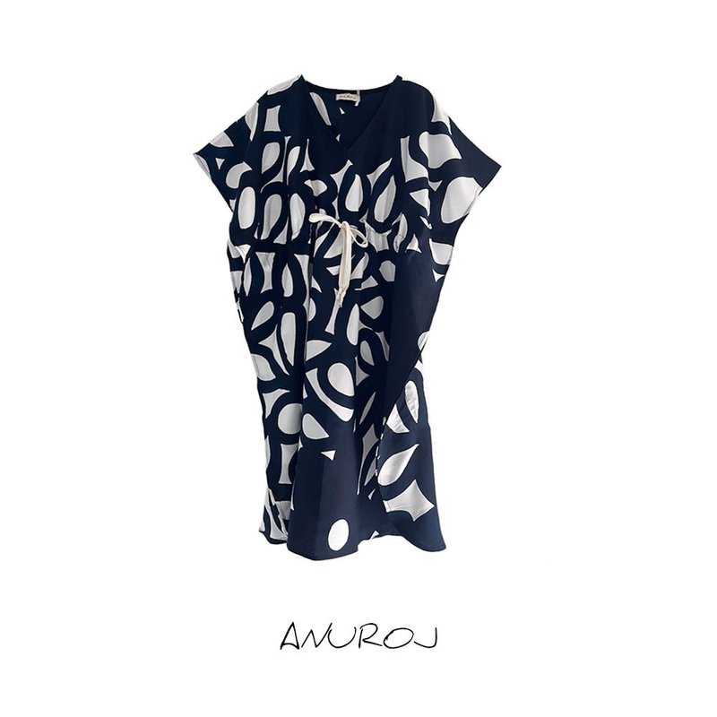 Kaftan Waist Jump Cotton Rayon Hand paint For Summer Beach V - 洋裝/連身裙 - 棉．麻 藍色