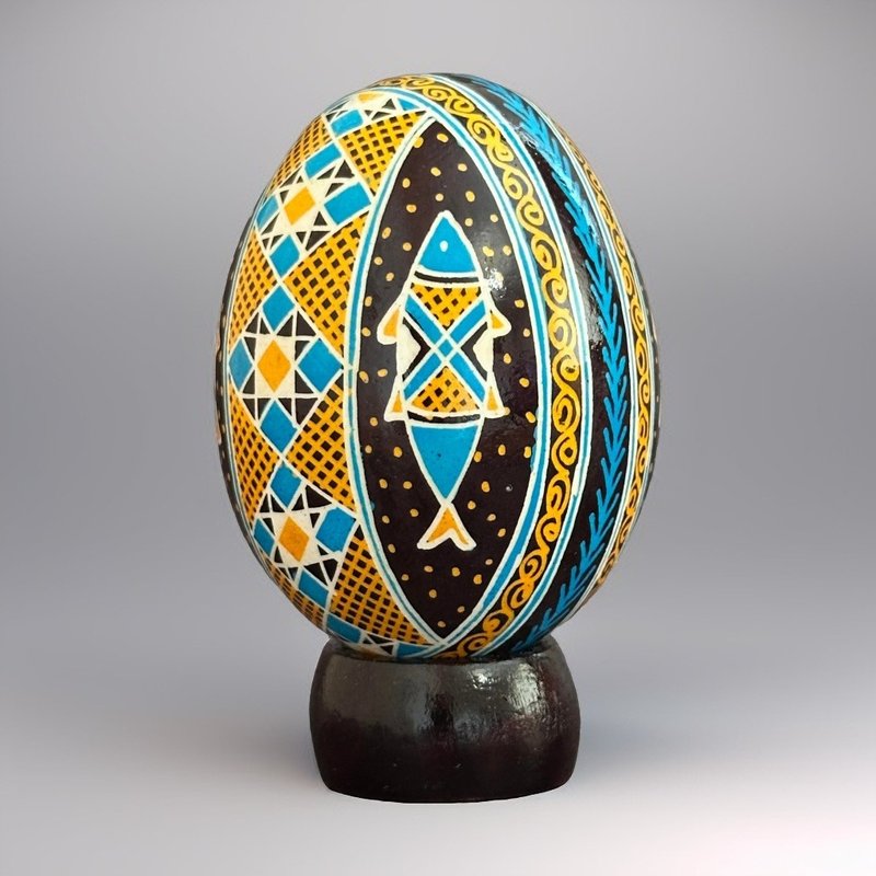 ウクライナ復活祭の卵 本物の鶏の卵 ピサンカ 手描き卵殻 フーツル地方のピサンキ - 置物 - その他の素材 ブラック