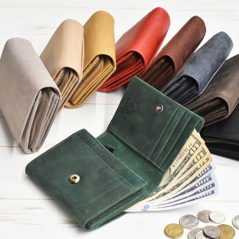 Simple and high-quality bi-fold wallet finished with all leather Cowhide genuine leather Large capacity Japan Japan name engraving [Dark green] - กระเป๋าสตางค์ - หนังแท้ สีเขียว