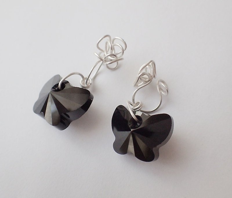 Lightup workshop - Butterfly & Poppy vs sprout earrings, 0.7MM-Fine silver wire - Earrings & Clip-ons - Glass Black