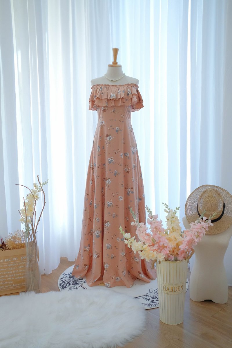 Rosewood floral off shoulder bridesmaid maxi dress Prom party cocktail dress - 洋裝/連身裙 - 聚酯纖維 粉紅色