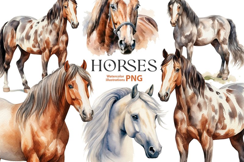 Watercolor Horse clipart set, 5 Png, Horses vintage Clipart, cottage core, farm - 電子手帳及素材 - 其他材質 