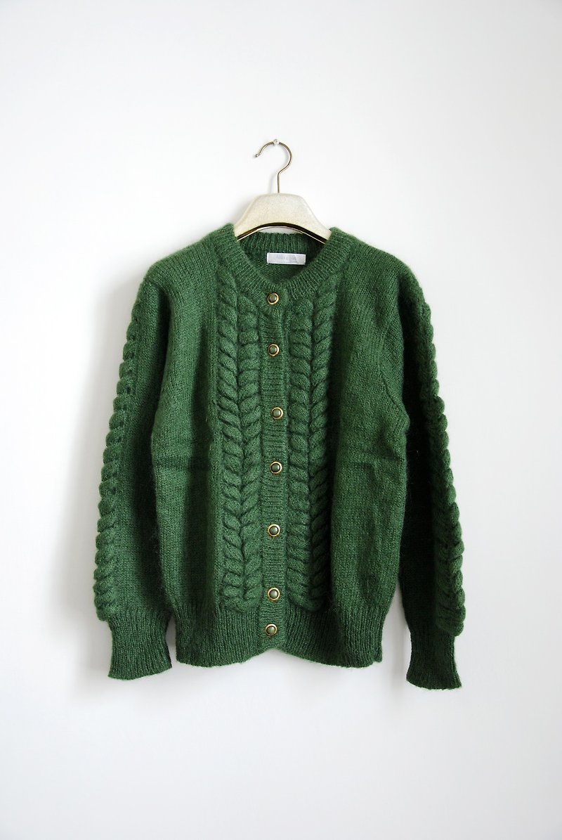 古著翠綠辮子開襟毛衣 - 毛衣/針織衫 - 其他材質 