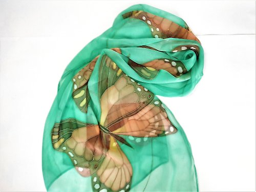 Enya 絲巾 Hand painted silk scarf Silk butterfly scarf for sale Long green silk scarf