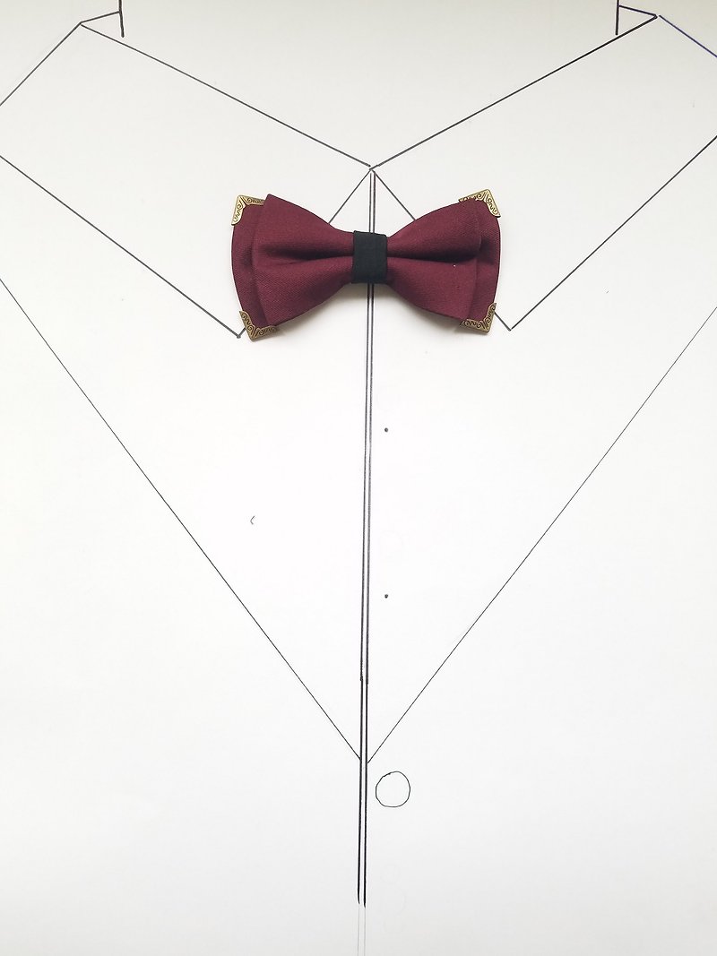 Wine red retro double-layer bow tie, necktie, bridegroom metal presser foot bow - Bow Ties & Ascots - Cotton & Hemp Red