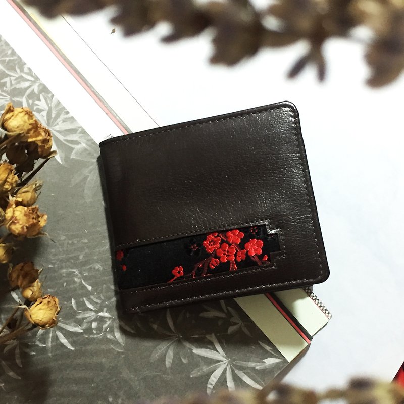 紅梅蠶絲緞布+小牛皮革短夾、皮夾(限量兩個) - 長短皮夾/錢包 - 真皮 