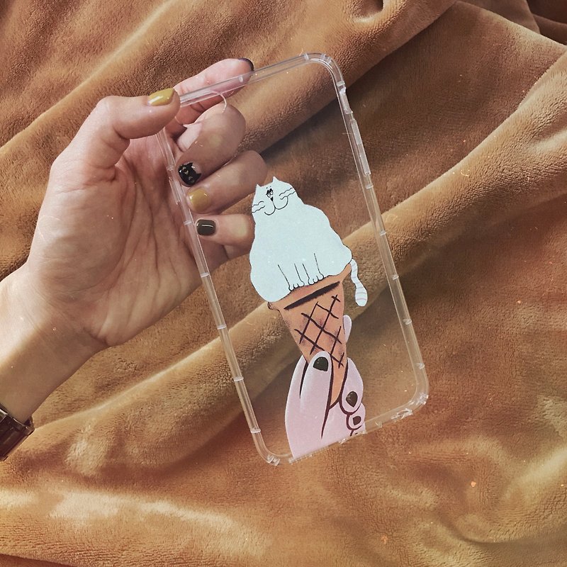 吉普星球插畫手機殼吉普貓冰淇淋- 透明防撞空壓軟殼【可客製化文字】 - 手機殼/手機套 - 橡膠 透明