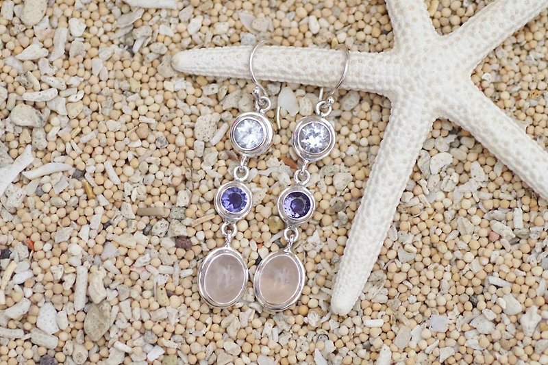 Silver earrings with white topaz, iolite and rose quartz - ต่างหู - หิน สึชมพู