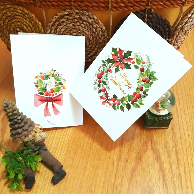 Heart-flowered Watercolor Wreath Christmas Card with Cowhide Envelope Type A - Cards & Postcards - Paper Multicolor