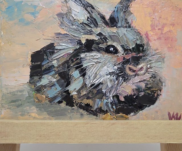 黒いウサギの抽象的な油絵の元のペットの肖像画の記号2023 - ショップ