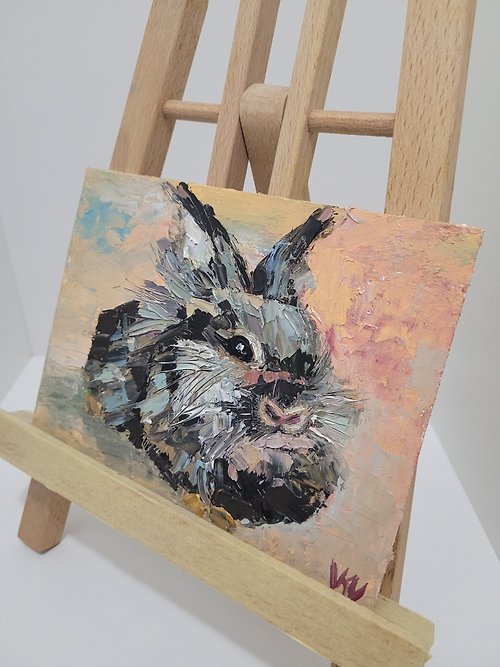 黒いウサギの抽象的な油絵の元のペットの肖像画の記号2023 - ショップ